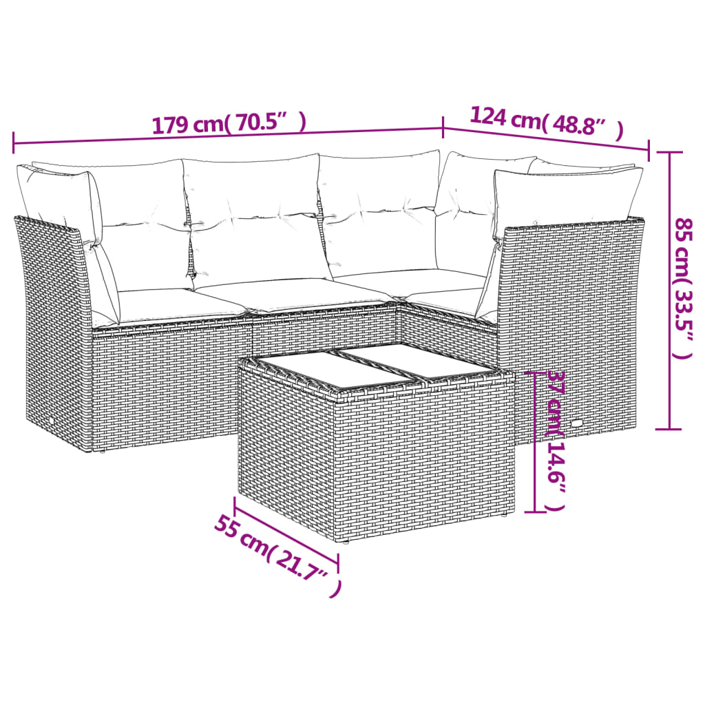 5-delige Loungeset met kussens poly rattan grijs