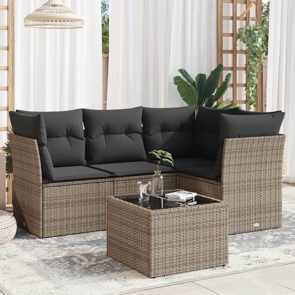 5-delige Loungeset met kussens poly rattan grijs