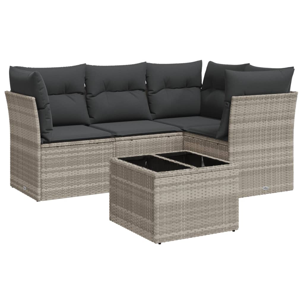 5-delige Loungeset met kussens poly rattan lichtgrijs