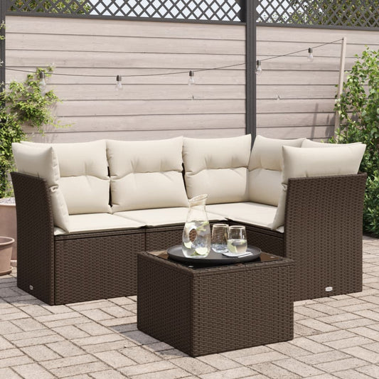 5-delige Loungeset met kussens poly rattan bruin