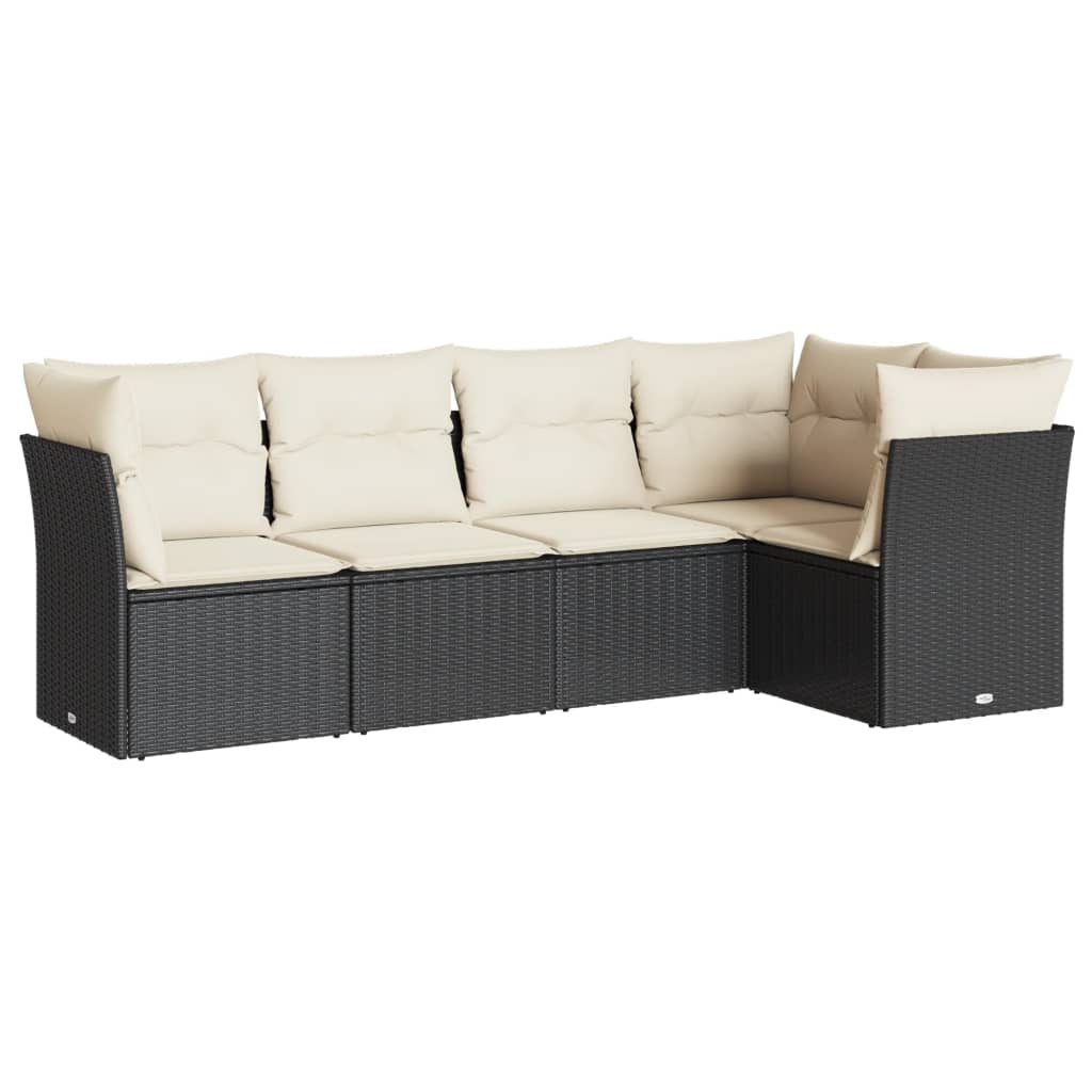 5-delige Loungeset met kussens poly rattan zwart