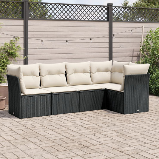 5-delige Loungeset met kussens poly rattan zwart