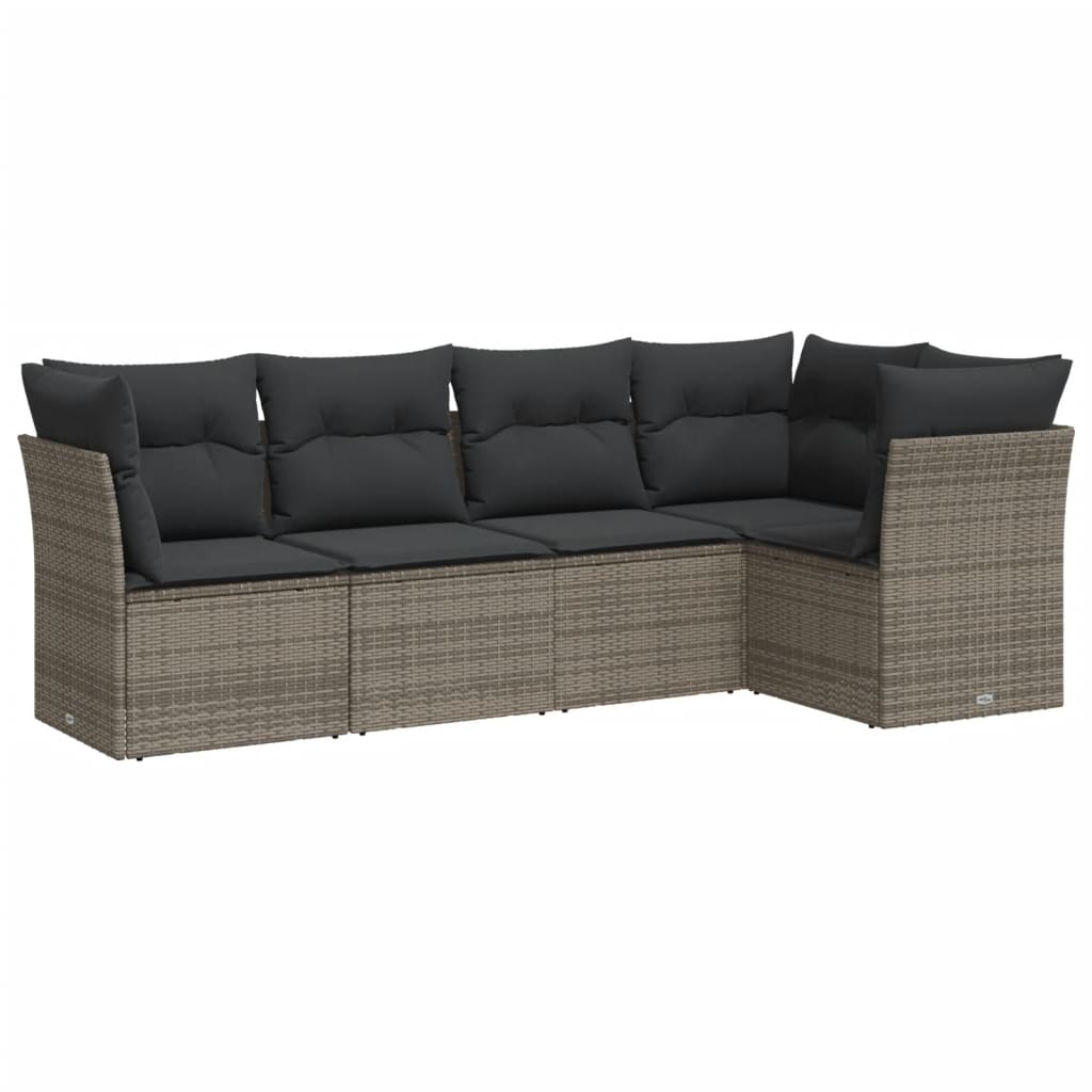 5-delige Loungeset met kussens poly rattan grijs