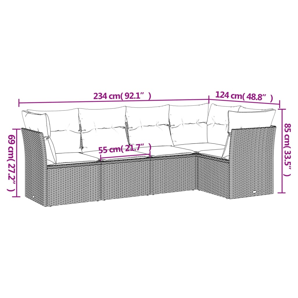 5-delige Loungeset met kussens poly rattan grijs