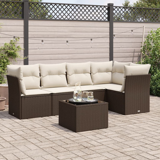 6-delige Loungeset met kussens poly rattan bruin