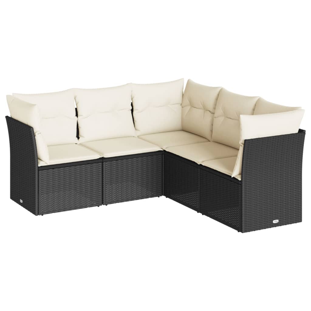 5-delige Loungeset met kussens poly rattan zwart