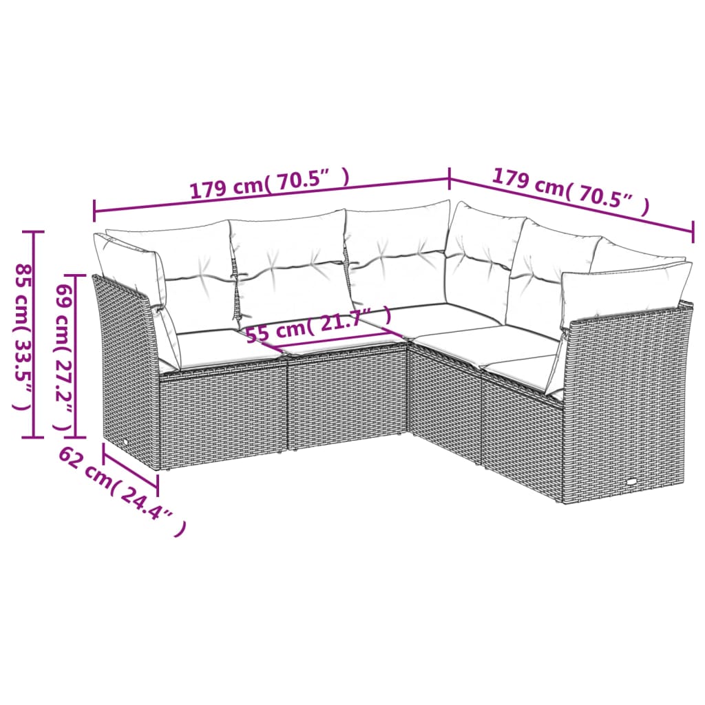 5-delige Loungeset met kussens poly rattan zwart