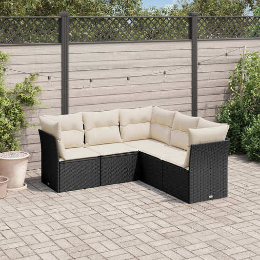 5-delige Loungeset met kussens poly rattan zwart