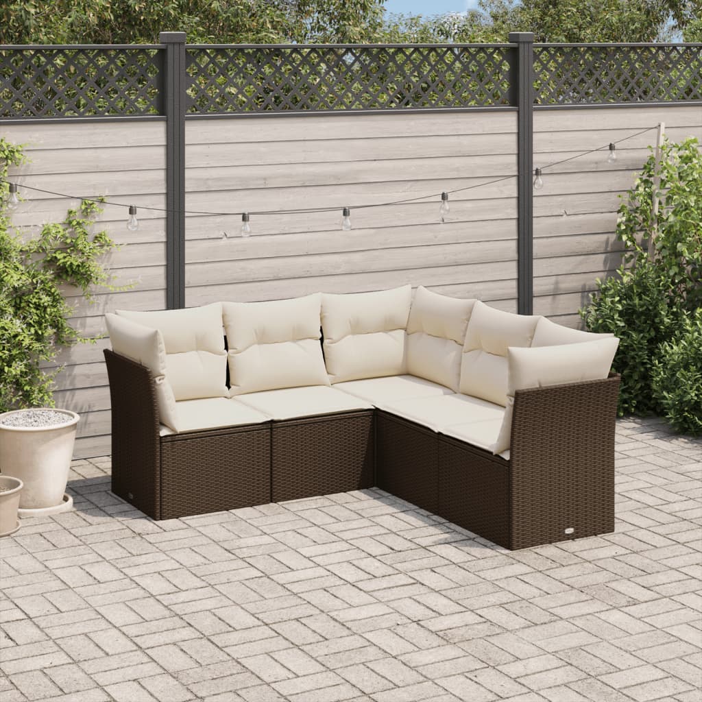 5-delige Loungeset met kussens poly rattan bruin