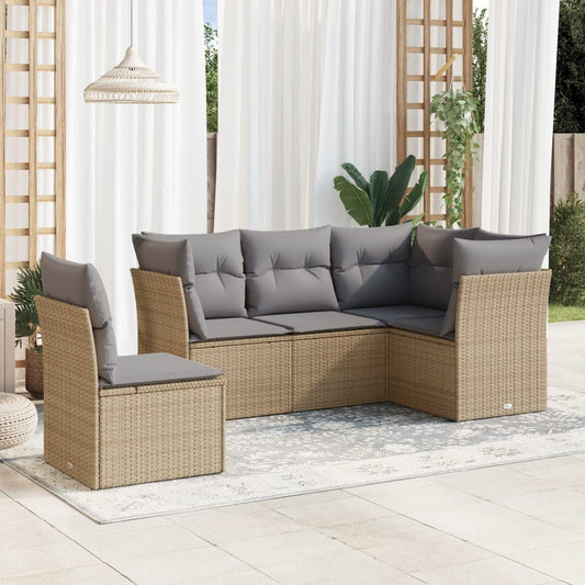 5-delige Loungeset met kussens poly rattan beige