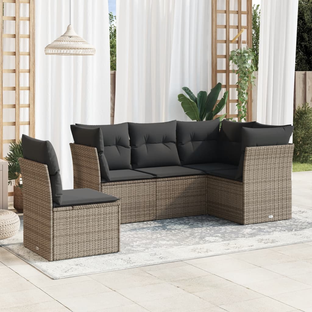 5-delige Loungeset met kussens poly rattan grijs