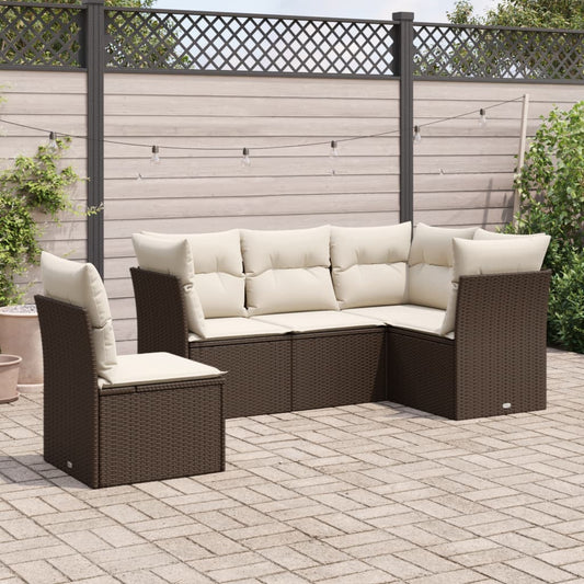 5-delige Loungeset met kussens poly rattan bruin