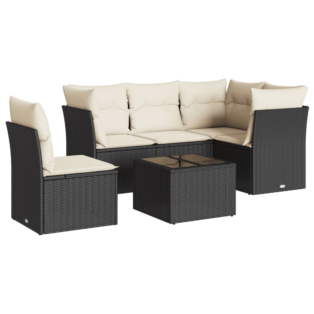 6-delige Loungeset met kussens poly rattan zwart