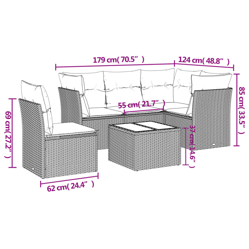 6-delige Loungeset met kussens poly rattan zwart