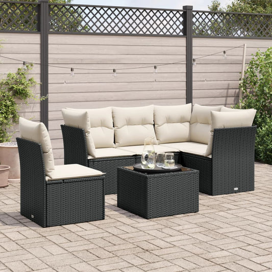 6-delige Loungeset met kussens poly rattan zwart