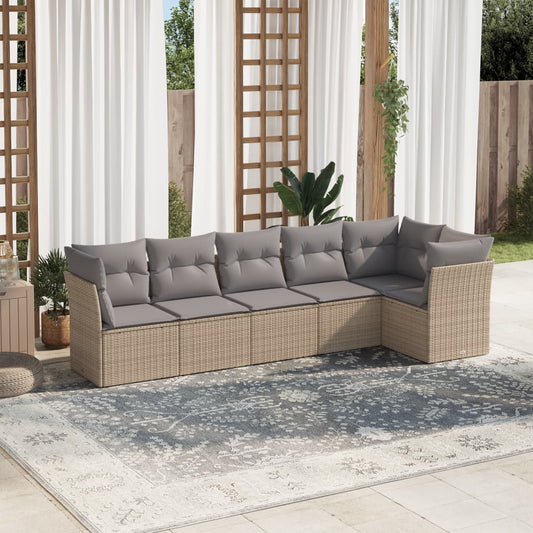 6-delige Loungeset met kussens poly rattan beige