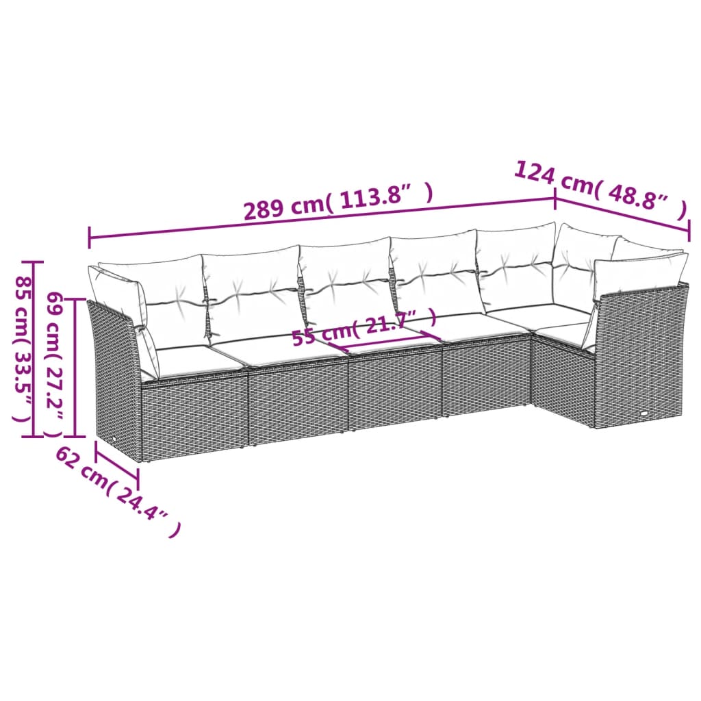 6-delige Loungeset met kussens poly rattan grijs