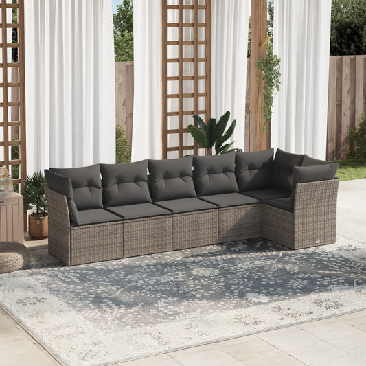 6-delige Loungeset met kussens poly rattan grijs