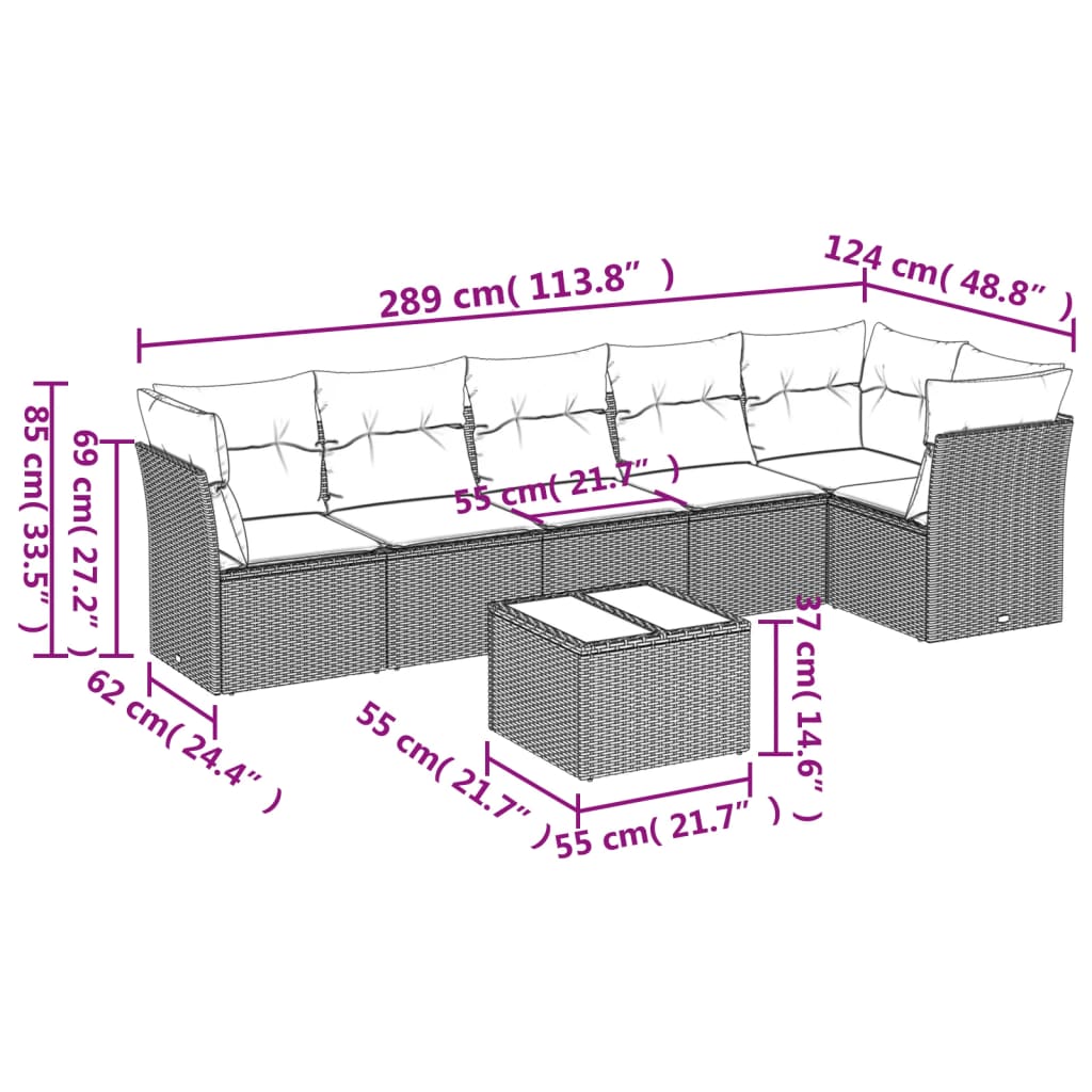 7-delige Loungeset met kussens poly rattan beige