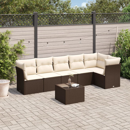 7-delige Loungeset met kussens poly rattan bruin