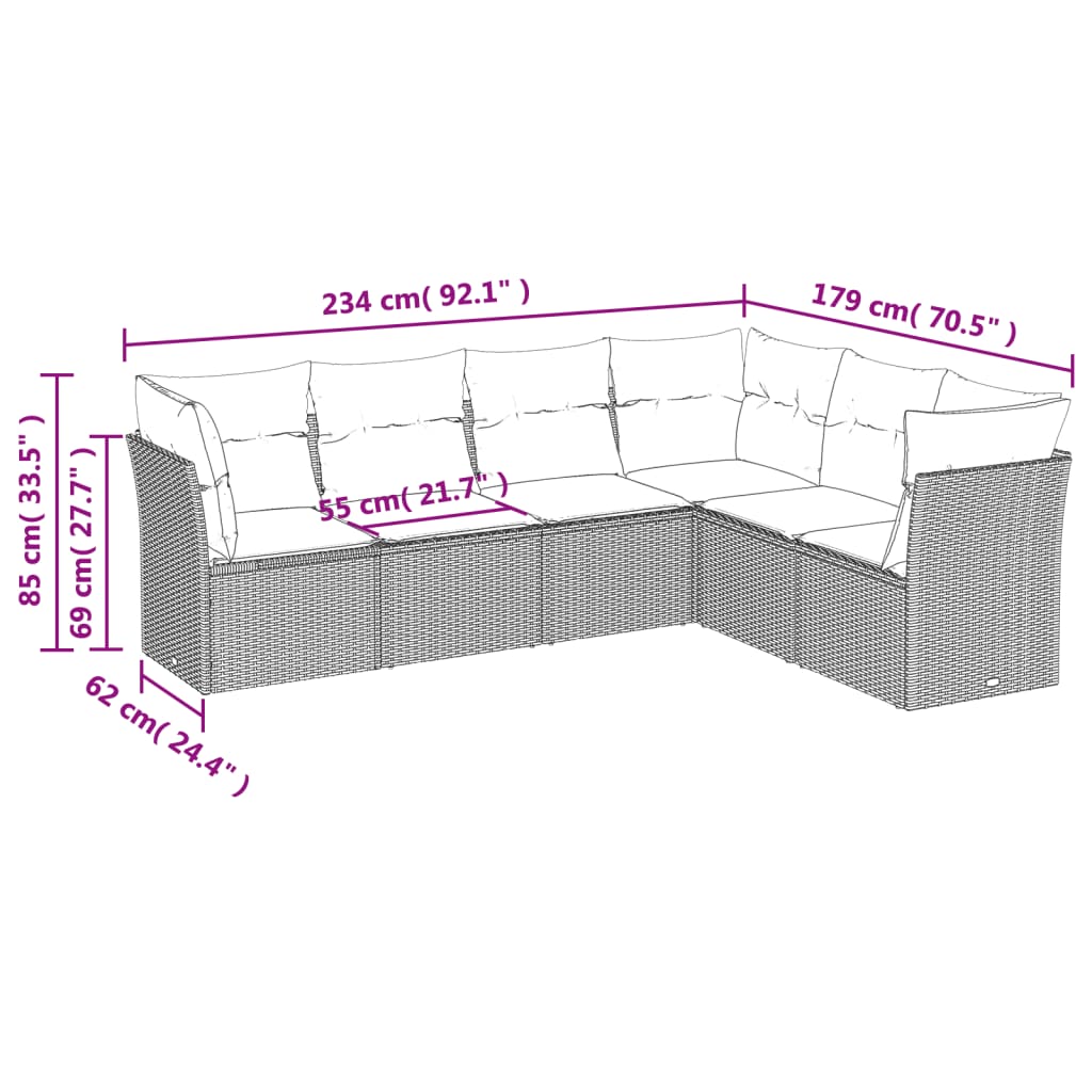 6-delige Loungeset met kussens poly rattan zwart