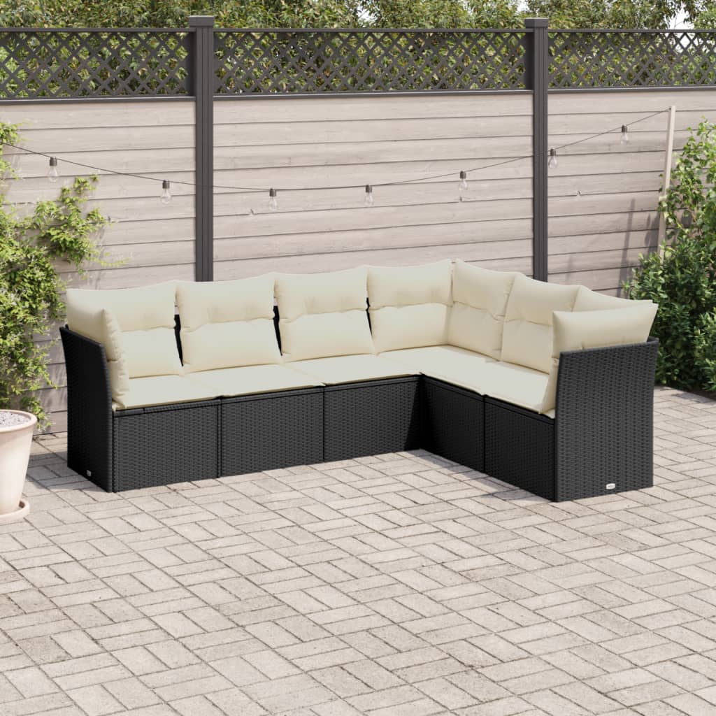 6-delige Loungeset met kussens poly rattan zwart