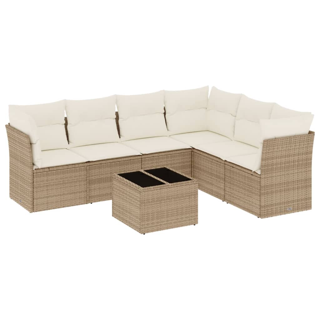 7-delige Loungeset met kussens poly rattan beige