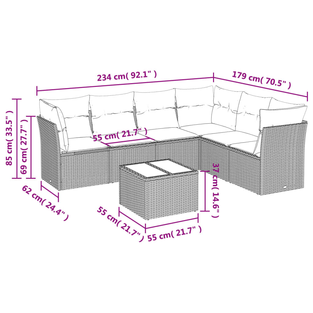 7-delige Loungeset met kussens poly rattan beige