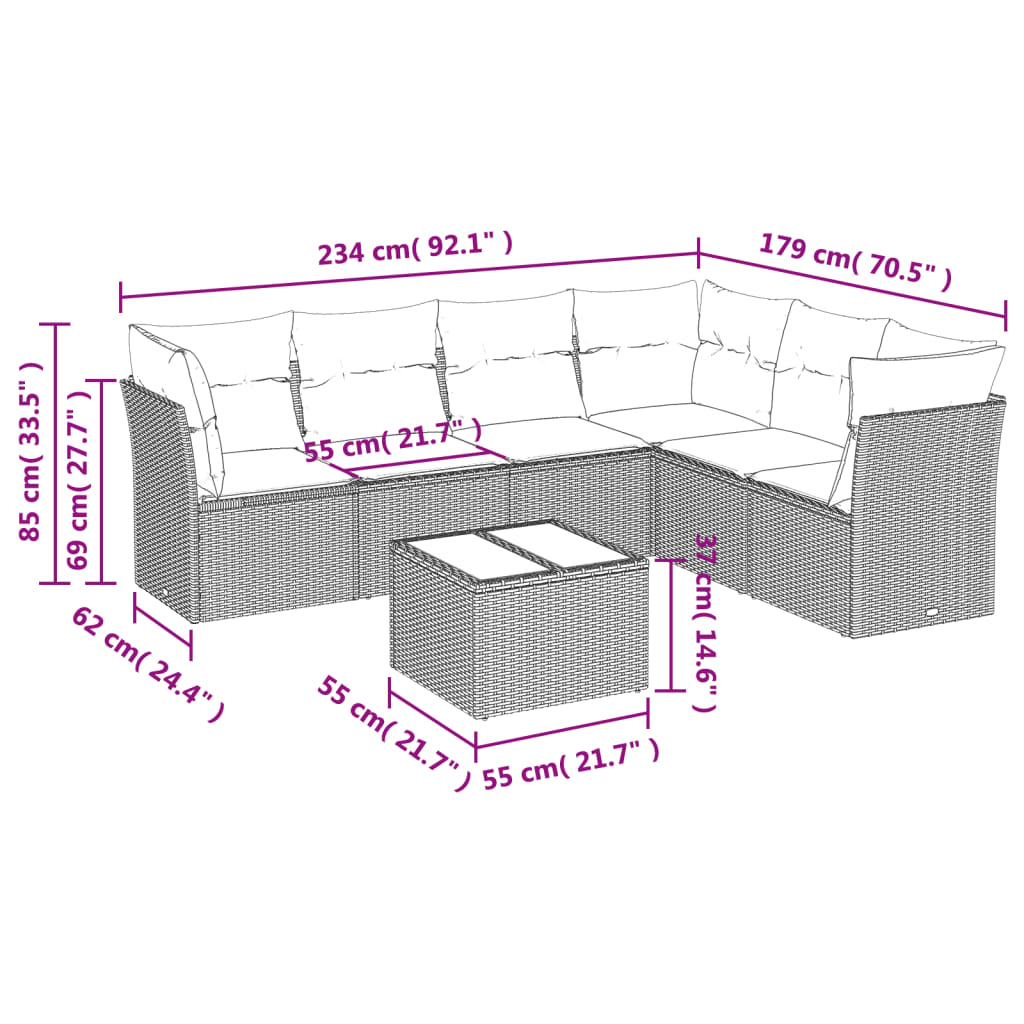 7-delige Loungeset met kussens poly rattan lichtgrijs