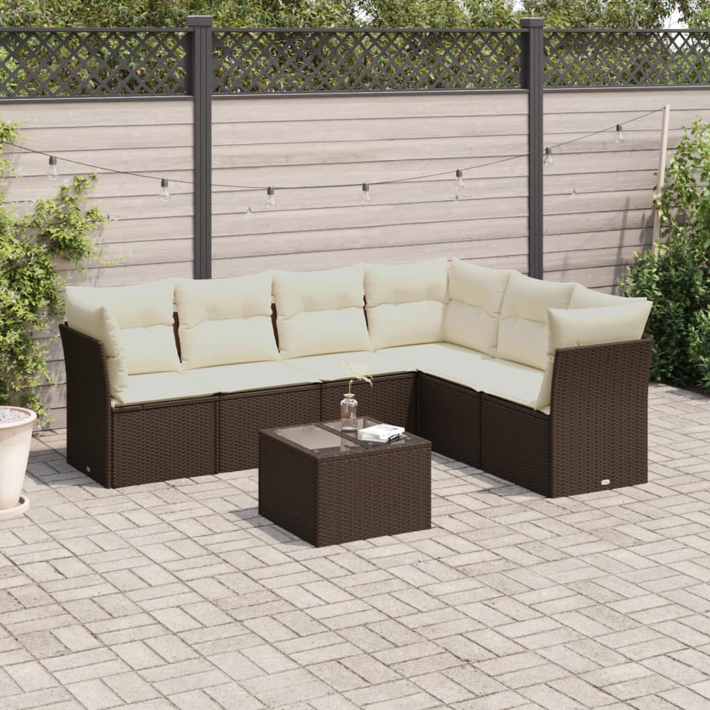 7-delige Loungeset met kussens poly rattan bruin