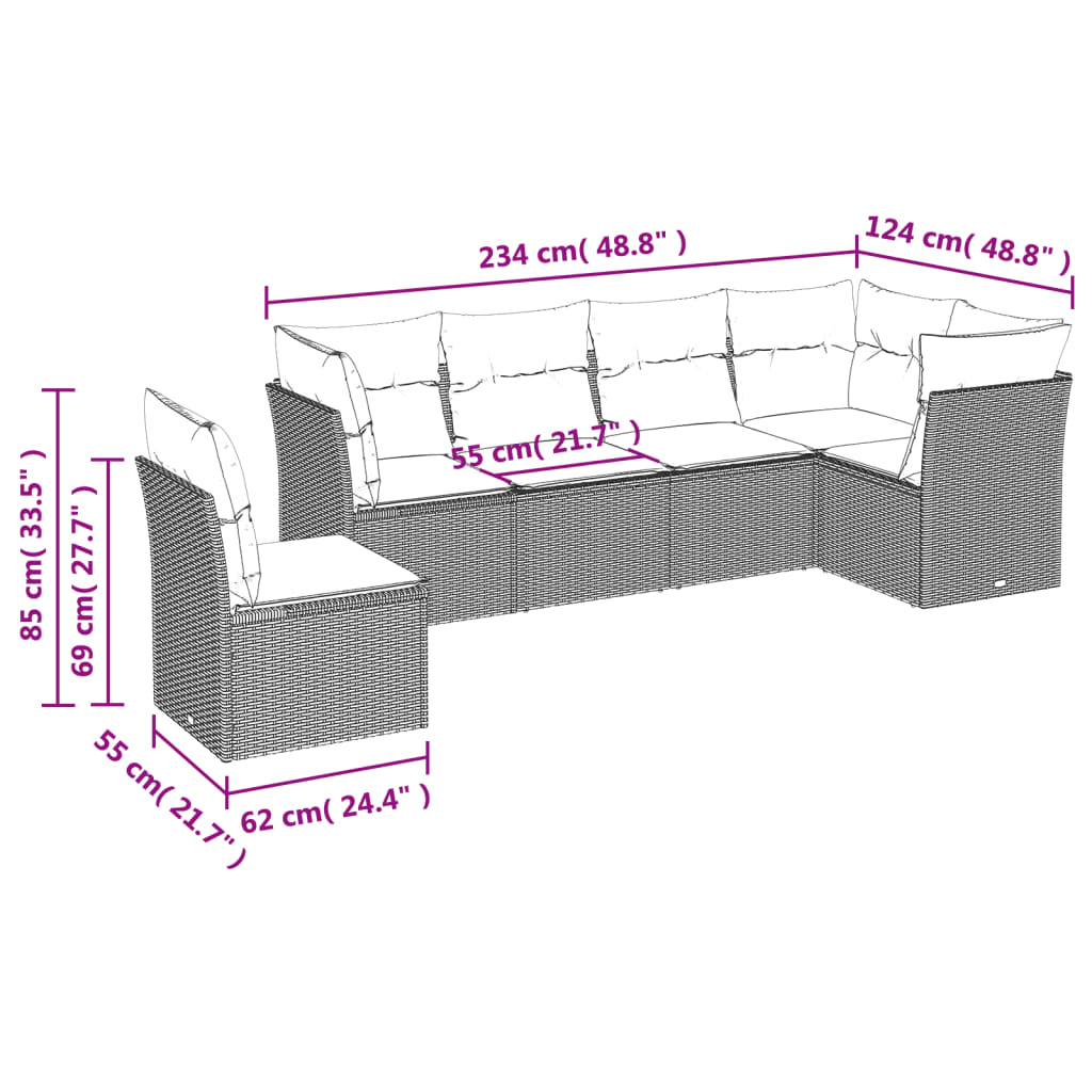 6-delige Loungeset met kussens poly rattan zwart