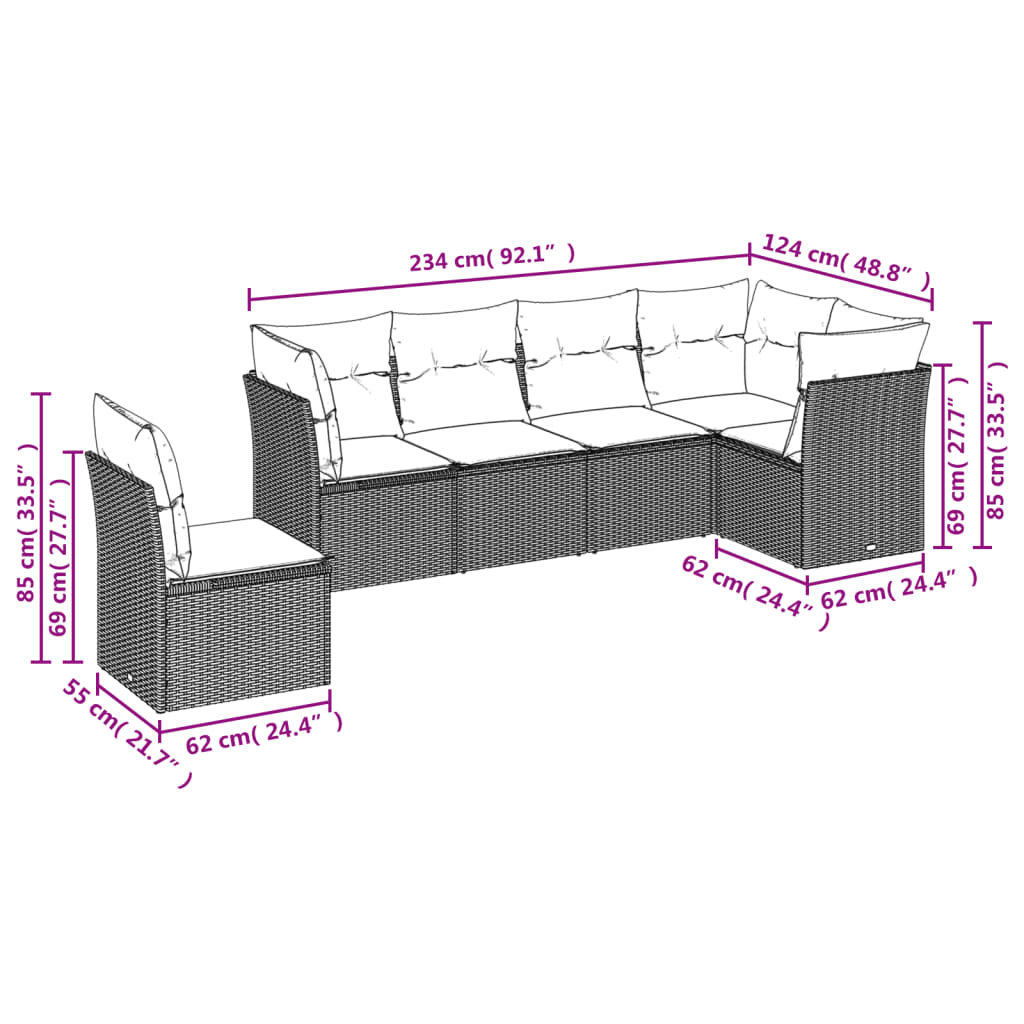 6-delige Loungeset met kussens poly rattan grijs