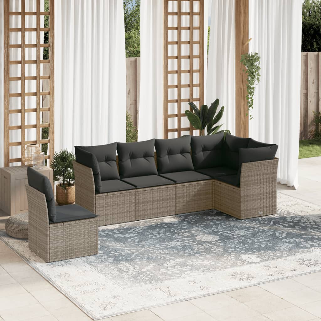 6-delige Loungeset met kussens poly rattan grijs