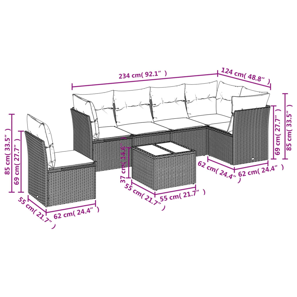 7-delige Loungeset met kussens poly rattan beige