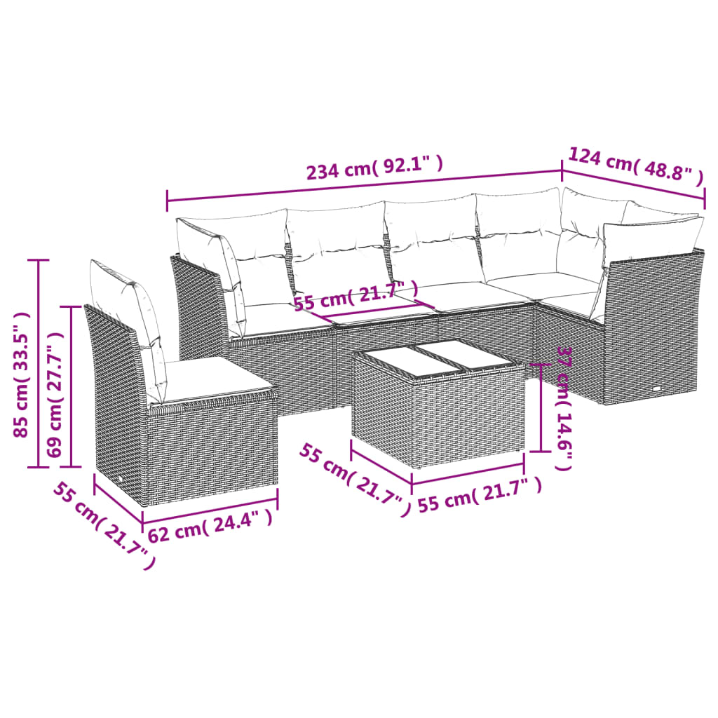 7-delige Loungeset met kussens poly rattan bruin