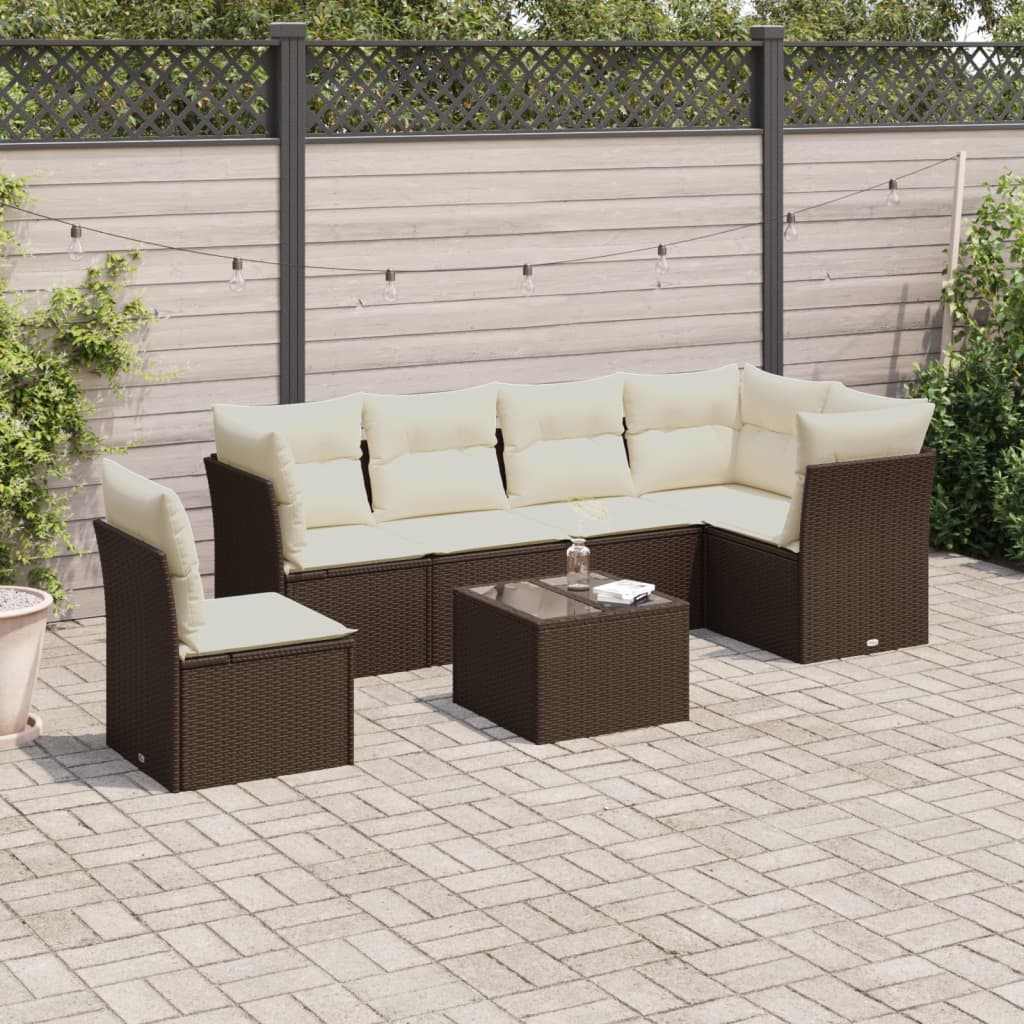 7-delige Loungeset met kussens poly rattan bruin