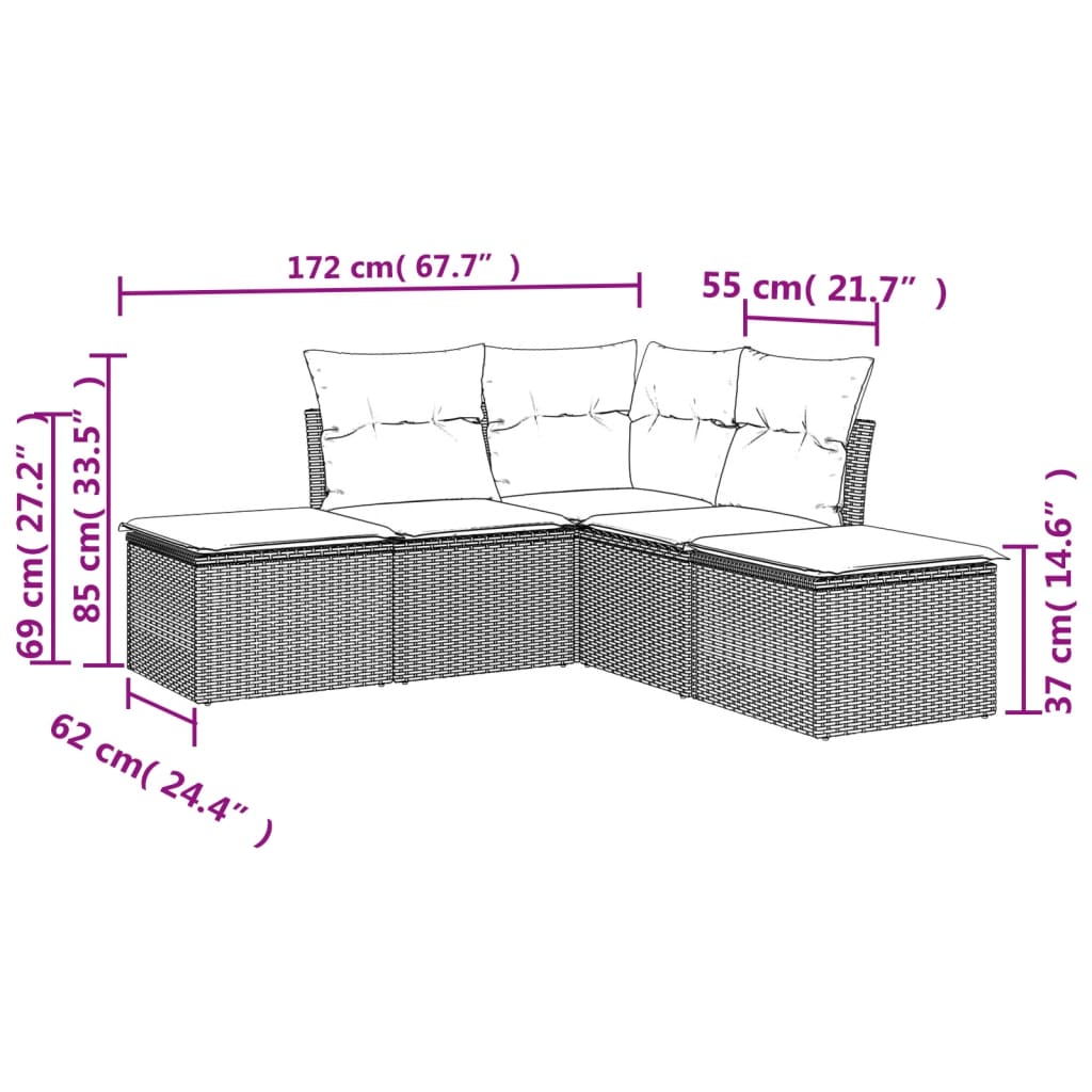 5-delige Loungeset met kussens poly rattan zwart