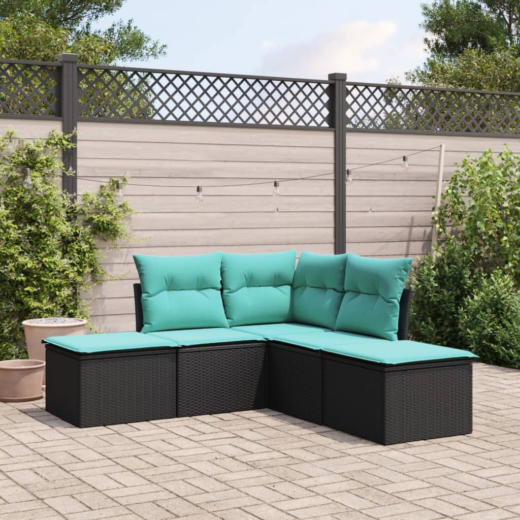 5-delige Loungeset met kussens poly rattan zwart