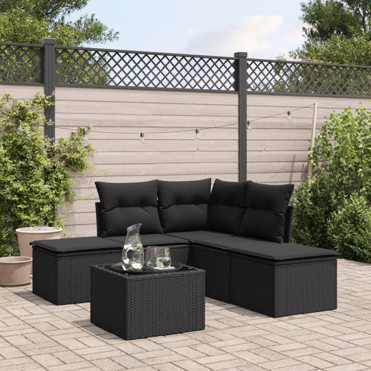 6-delige Loungeset met kussens poly rattan zwart