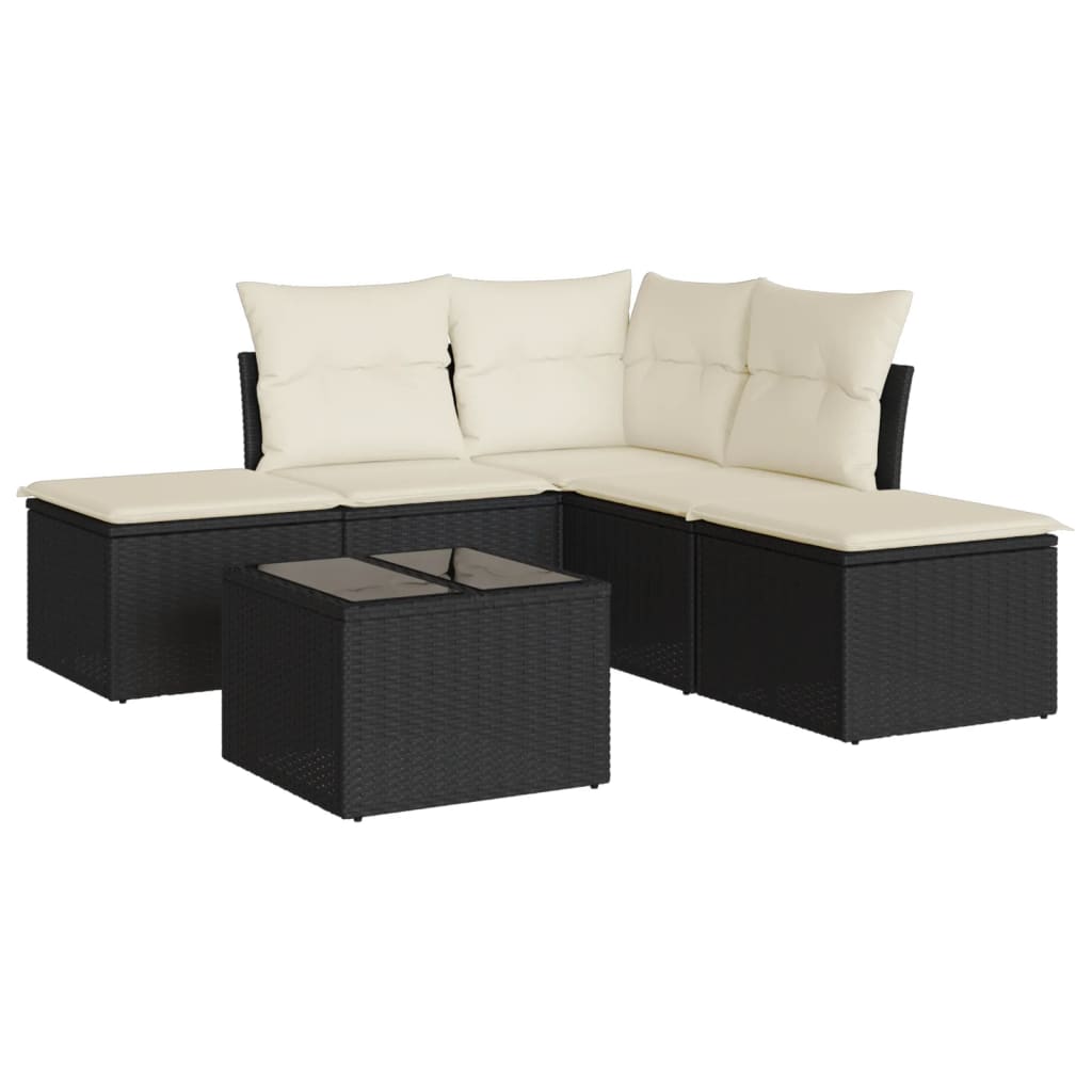 6-delige Loungeset met kussens poly rattan zwart