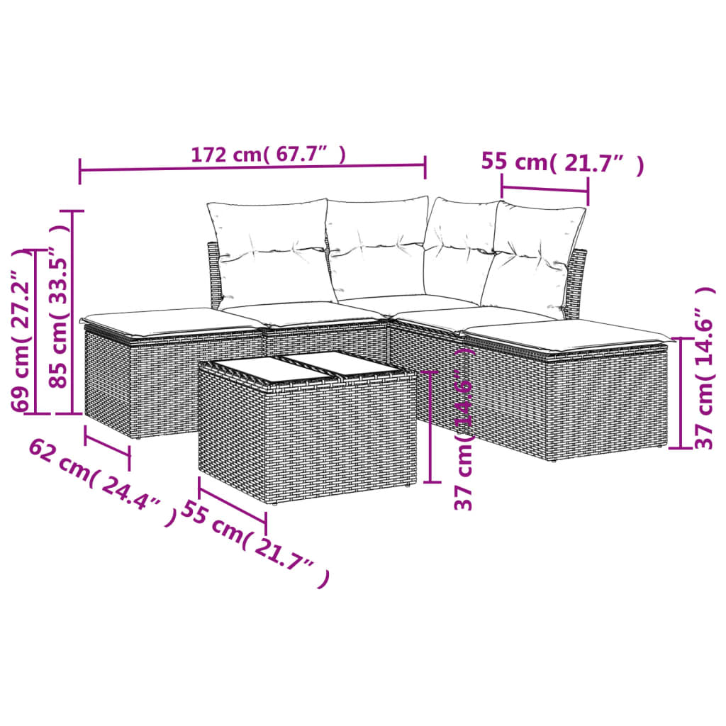 6-delige Loungeset met kussens poly rattan zwart