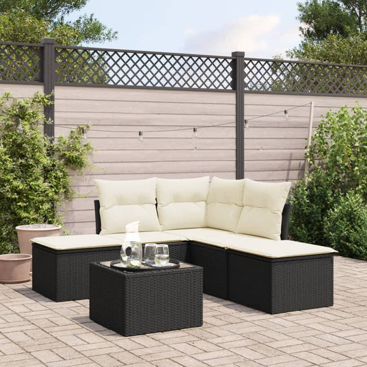 6-delige Loungeset met kussens poly rattan zwart