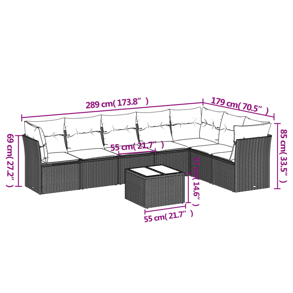 8-delige Loungeset met kussens poly rattan bruin