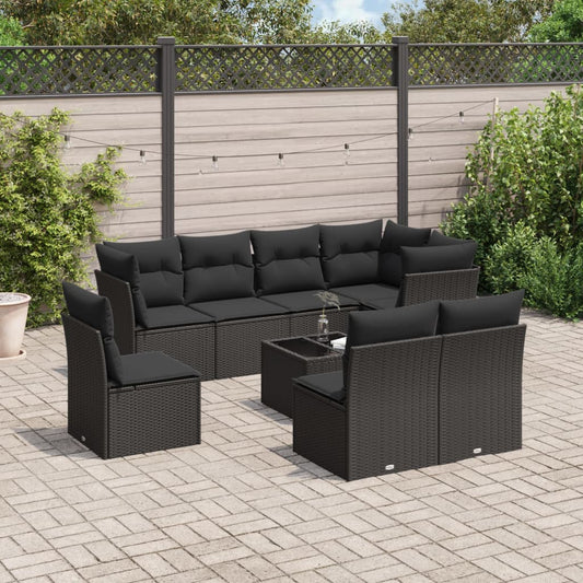 9-delige Loungeset met kussens poly rattan zwart