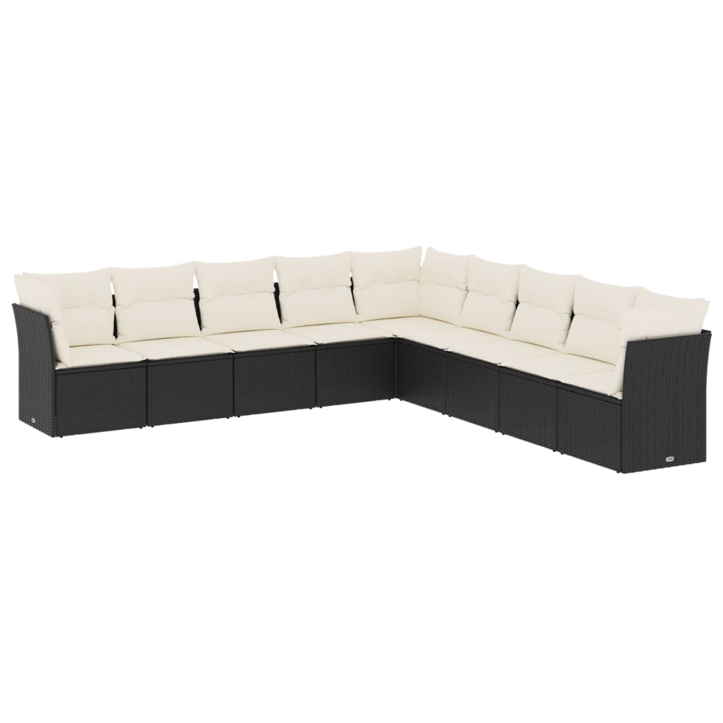 9-delige Loungeset met kussens poly rattan zwart