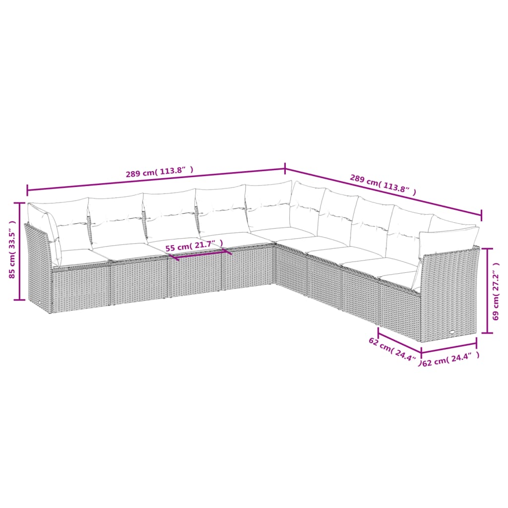 9-delige Loungeset met kussens poly rattan beige