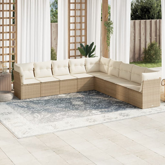 9-delige Loungeset met kussens poly rattan beige