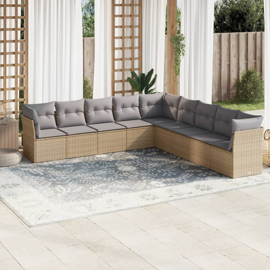 9-delige Loungeset met kussens poly rattan beige