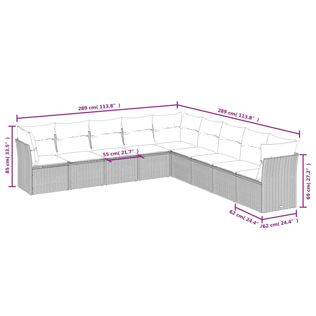 9-delige Loungeset met kussens poly rattan lichtgrijs