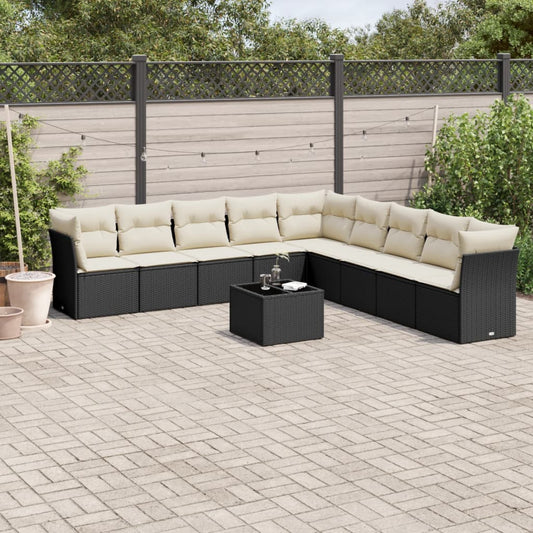 10-delige Loungeset met kussens poly rattan zwart